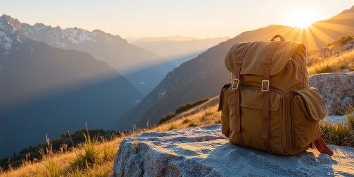 户外场景展示,蓝天白云下的山川景色,绿色植被茂盛,户外装备整齐摆放,体现户外生活的美好与活力